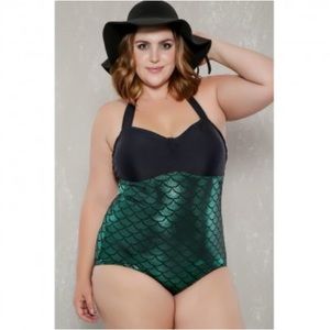 Sexy Black Green Mermaid Print Halter Padded Plus Size One Piece